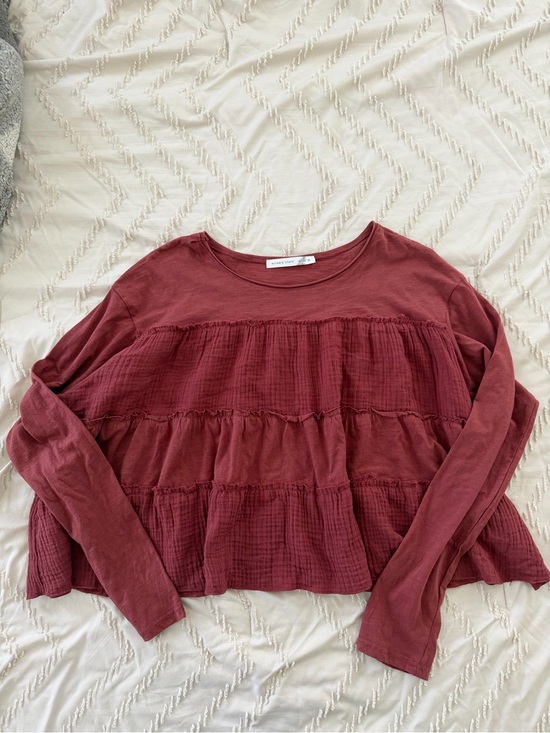 Altar'd State Tops - Altar'd State Long Sleeve Tiered Ruffle Top - Mauve Red